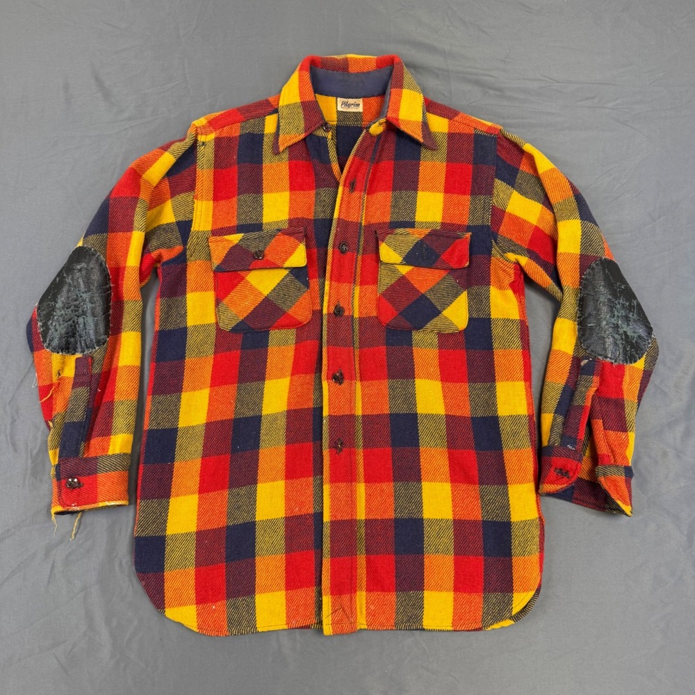 Vtg 50's Pilgrim Red Yellow Navy Wool Flannel Shirt Buffalo Check Elbow Patches